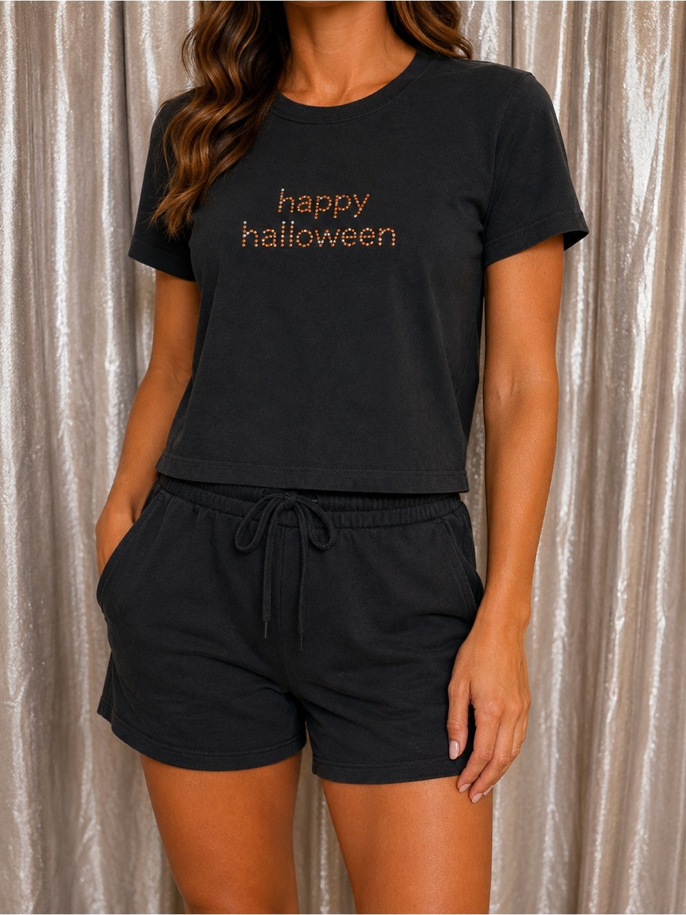 Y2K Happy Halloween Rhinestone T Shirt Women’s XL Black Orange Bling Graphic Tee
